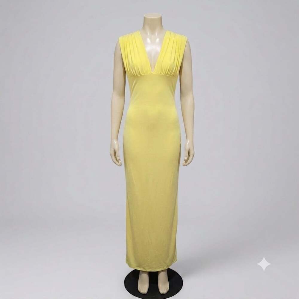 Pretty Litle Thing Lemon Plunge  Drape Waist Maxi Dress